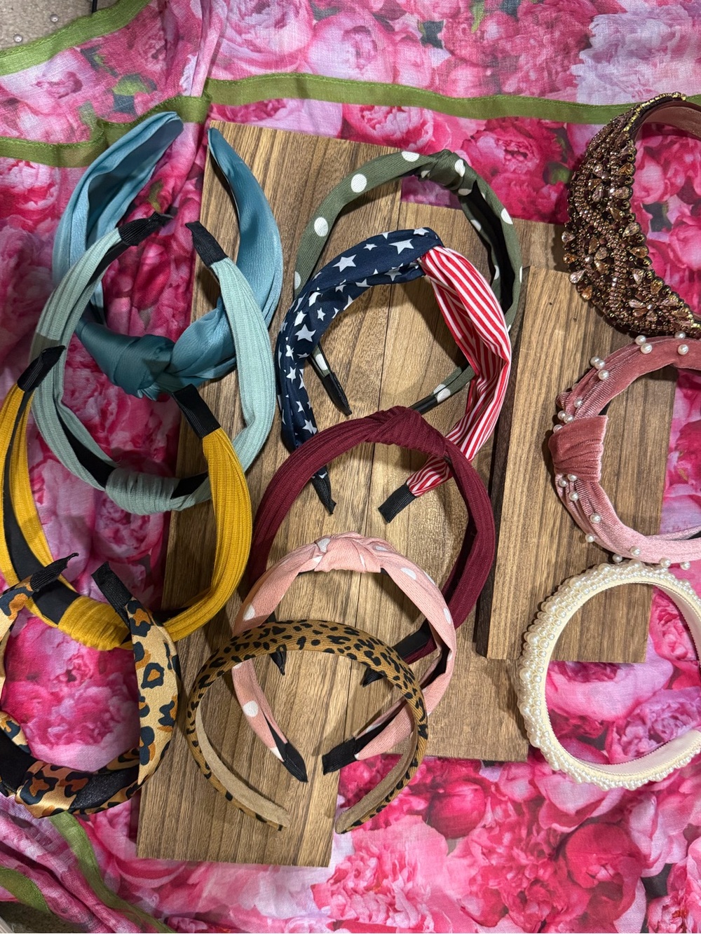 11 Assorted Women's Fabric and Beaded Headbands - Pink, Blue, Yellow, Leopard